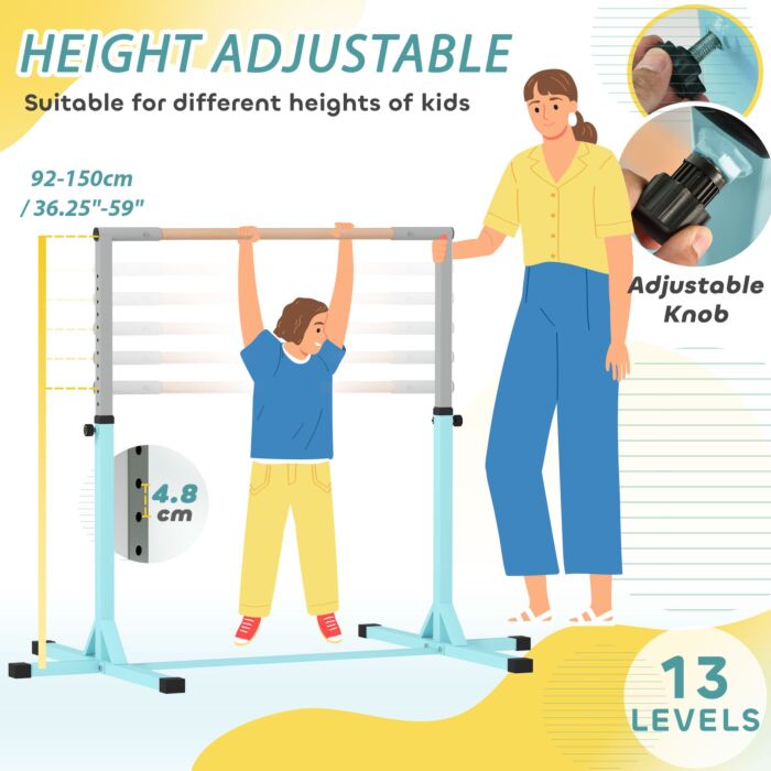 Homcom Height Adjustable Gymnastics Horizontal Bar For Kids, Children Junior Kip High Bar Fitness, Light Blue