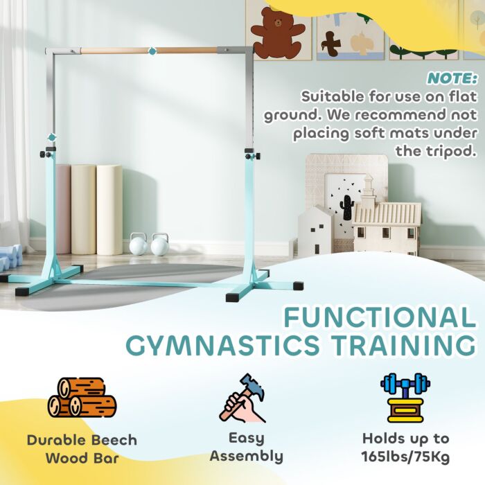 Homcom Height Adjustable Gymnastics Horizontal Bar For Kids, Children Junior Kip High Bar Fitness, Light Blue