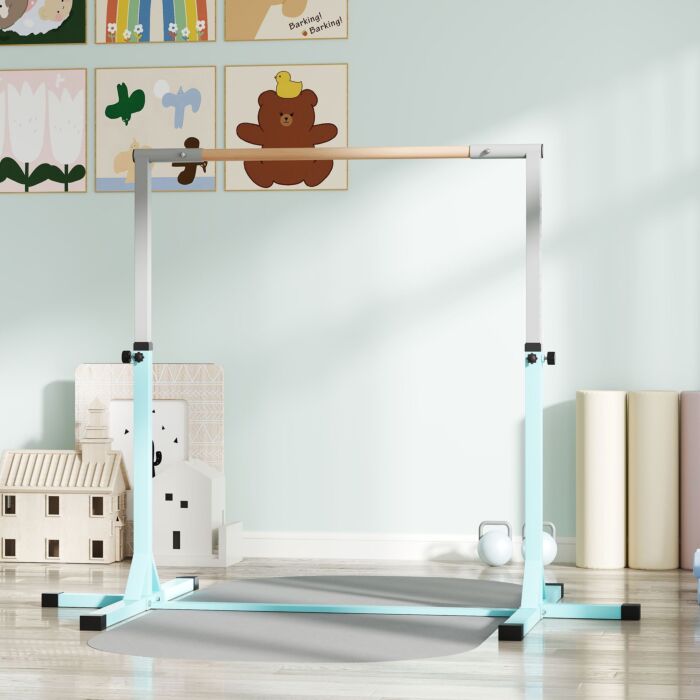 Homcom Height Adjustable Gymnastics Horizontal Bar For Kids, Children Junior Kip High Bar Fitness, Light Blue