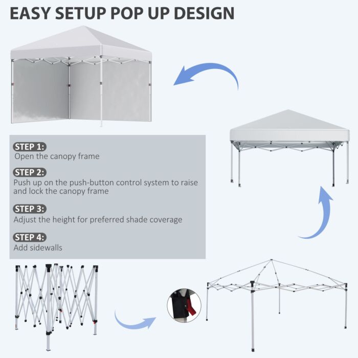 Outsunny 3 X 3 (m) Pop Up Gazebo With 2 Sidewalls, Leg Weight Bags And Carry Bag, Height Adjustable Party Tent Event Shelter, White