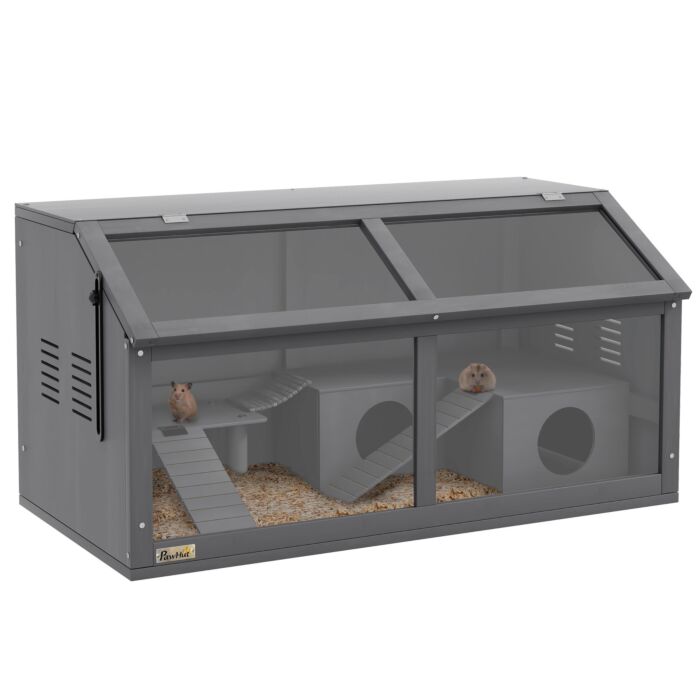 Pawhut Hamster Cage, Wooden Small Animal Cage For Gerbils, Mice W/ Suspension Bridge, Openable Top, Hut, 85 X 45 X 44cm - Grey