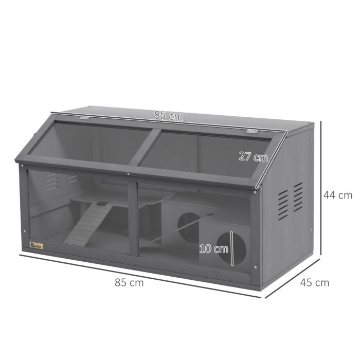 Pawhut Hamster Cage, Wooden Small Animal Cage For Gerbils, Mice W/ Suspension Bridge, Openable Top, Hut, 85 X 45 X 44cm - Grey