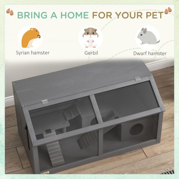 Pawhut Hamster Cage, Wooden Small Animal Cage For Gerbils, Mice W/ Suspension Bridge, Openable Top, Hut, 85 X 45 X 44cm - Grey