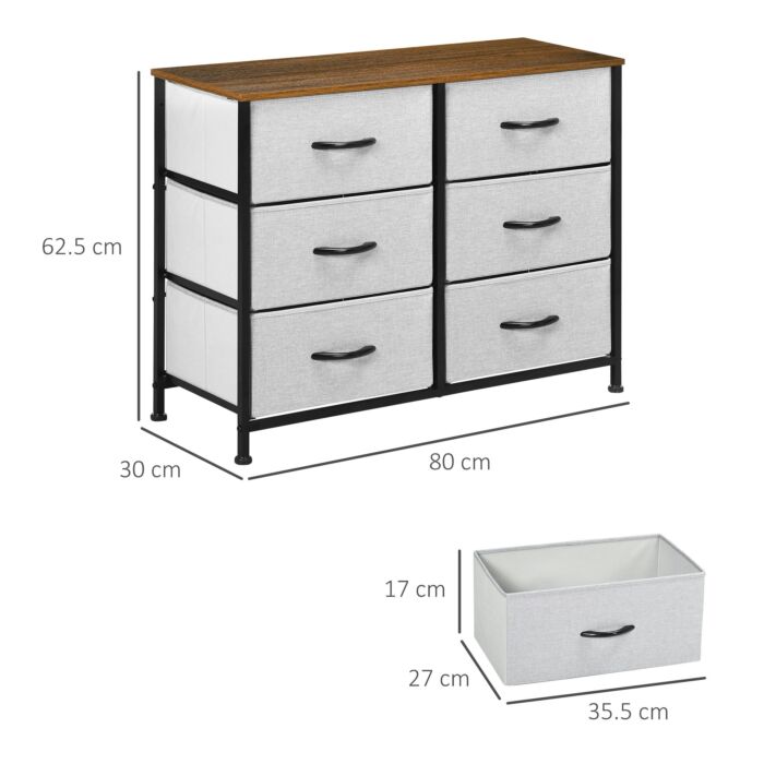 Homcom Chest Of Drawers, Fabric Storage Drawers, Industrial Bedroom Dresser W/6 Fabric Drawers, Steel Frame, Wooden Top For Nursery, Living Room Grey