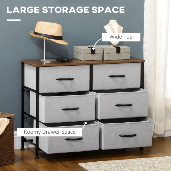 Homcom Chest Of Drawers, Fabric Storage Drawers, Industrial Bedroom Dresser W/6 Fabric Drawers, Steel Frame, Wooden Top For Nursery, Living Room Grey