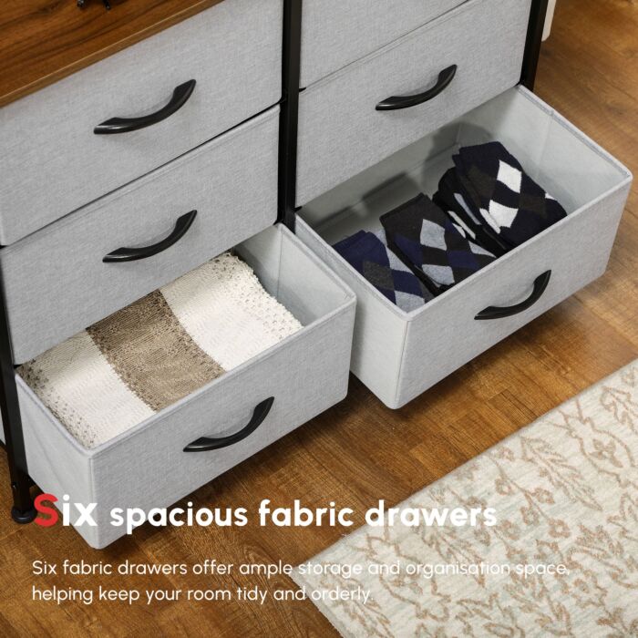 Homcom Chest Of Drawers, Fabric Storage Drawers, Industrial Bedroom Dresser W/6 Fabric Drawers, Steel Frame, Wooden Top For Nursery, Living Room Grey