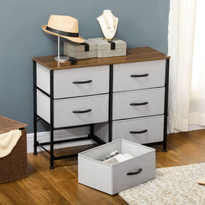 Homcom Chest Of Drawers, Fabric Storage Drawers, Industrial Bedroom Dresser W/6 Fabric Drawers, Steel Frame, Wooden Top For Nursery, Living Room Grey