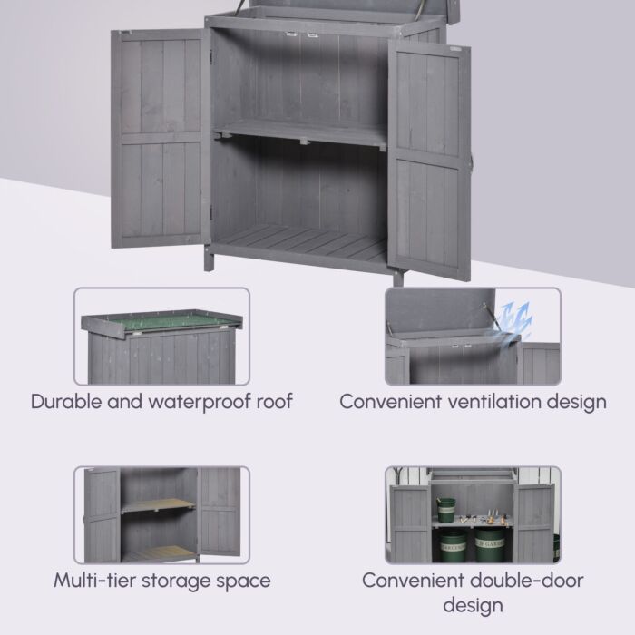 Outsunny Wooden Garden Storage Shed Tool Cabinet Organiser With Shelves, Two Doors,74 X 43 X 88cm, Grey