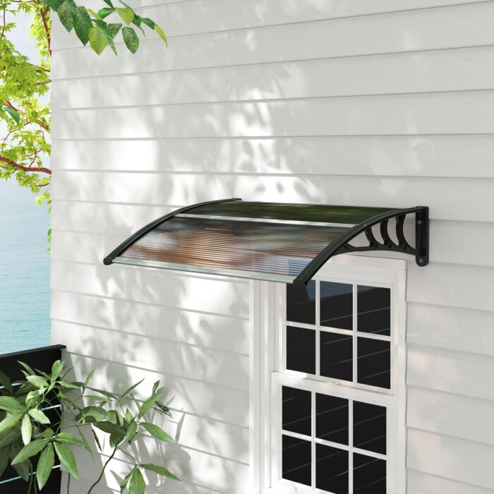 Outsunny Curved Window Door Canopy Aluminium Rigid Plastic Polycarbonate Fixed Outdoor Awning Modern Design Uv Water Rain Resist 100 X 75cm Brown