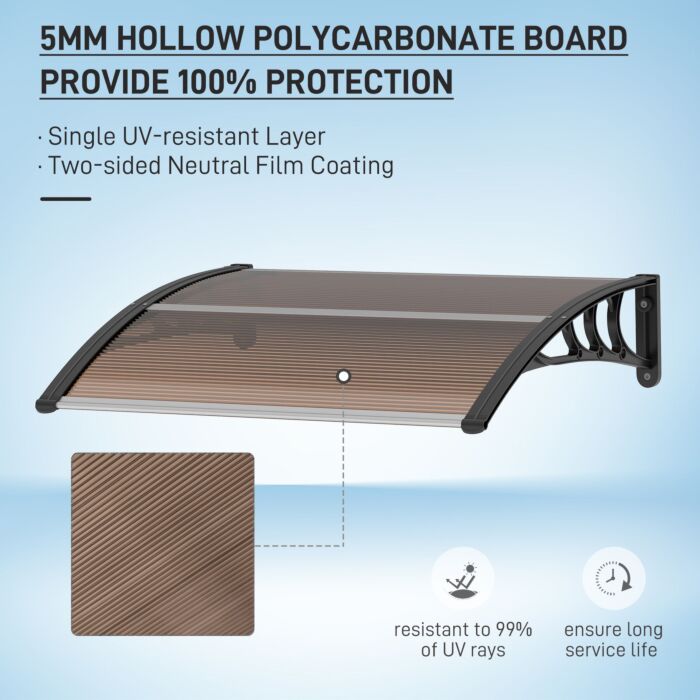 Outsunny Curved Window Door Canopy Aluminium Rigid Plastic Polycarbonate Fixed Outdoor Awning Modern Design Uv Water Rain Resist 100 X 75cm Brown