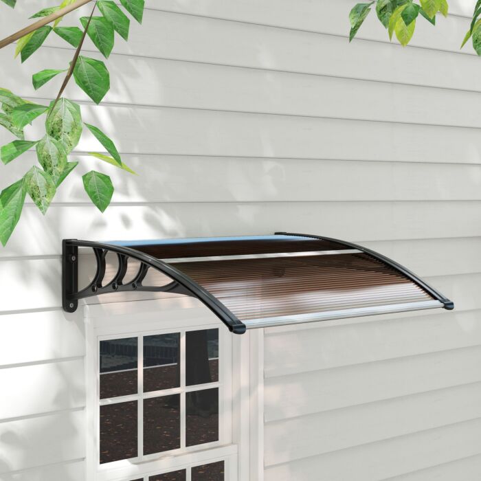 Outsunny Curved Window Door Canopy Aluminium Rigid Plastic Polycarbonate Fixed Outdoor Awning Modern Design Uv Water Rain Resist 100 X 75cm Brown