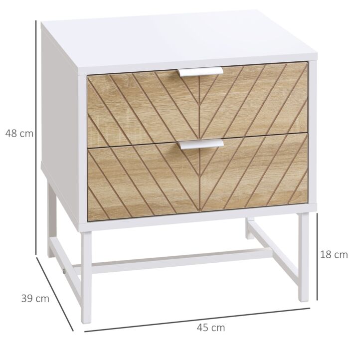 Homcom Modern Bedside Table With 2 Drawers And Metal Frame, Sofa Side Table Set Of 2, White And Oak