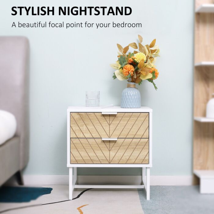 Homcom Modern Bedside Table With 2 Drawers And Metal Frame, Sofa Side Table Set Of 2, White And Oak