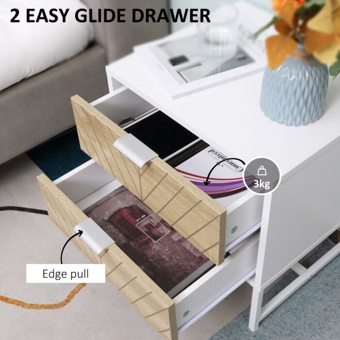 Homcom Modern Bedside Table With 2 Drawers And Metal Frame, Sofa Side Table Set Of 2, White And Oak