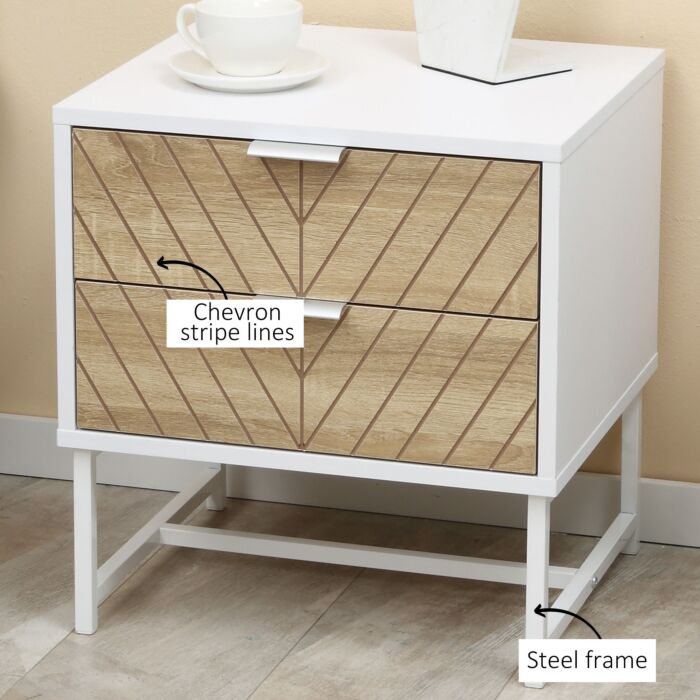 Homcom Modern Bedside Table With 2 Drawers And Metal Frame, Sofa Side Table Set Of 2, White And Oak