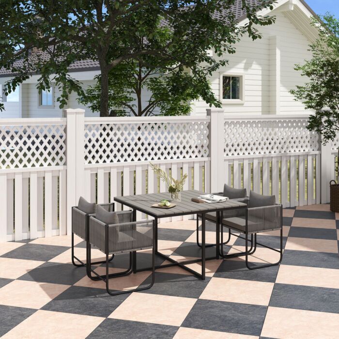 Outsunny 4 Seater Rattan Cube Garden Furniture Set, Rattan Dining Set With Cushions, Outdoor Dining Table And Chairs With Rectangular Wood Grain Plastic Top Table For Patio, Balcony, Grey