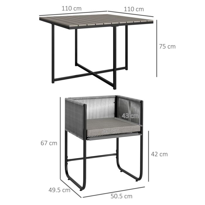 Outsunny 4 Seater Rattan Cube Garden Furniture Set, Rattan Dining Set With Cushions, Outdoor Dining Table And Chairs With Rectangular Wood Grain Plastic Top Table For Patio, Balcony, Grey