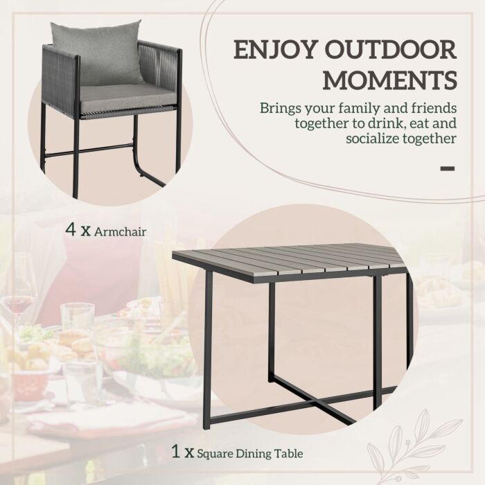 Outsunny 4 Seater Rattan Cube Garden Furniture Set, Rattan Dining Set With Cushions, Outdoor Dining Table And Chairs With Rectangular Wood Grain Plastic Top Table For Patio, Balcony, Grey