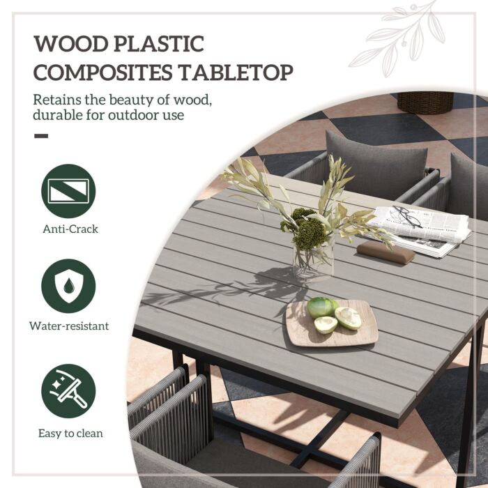 Outsunny 4 Seater Rattan Cube Garden Furniture Set, Rattan Dining Set With Cushions, Outdoor Dining Table And Chairs With Rectangular Wood Grain Plastic Top Table For Patio, Balcony, Grey