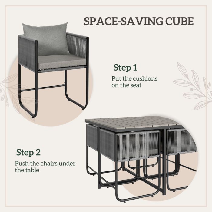 Outsunny 4 Seater Rattan Cube Garden Furniture Set, Rattan Dining Set With Cushions, Outdoor Dining Table And Chairs With Rectangular Wood Grain Plastic Top Table For Patio, Balcony, Grey