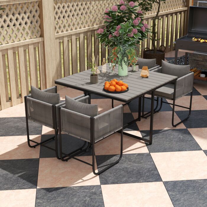 Outsunny 4 Seater Rattan Cube Garden Furniture Set, Rattan Dining Set With Cushions, Outdoor Dining Table And Chairs With Rectangular Wood Grain Plastic Top Table For Patio, Balcony, Grey