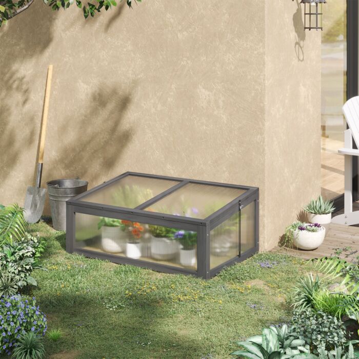 Outsunny Wooden Framed Polycarbonate Cold Frame Greenhouse For Plants Outdoor With Openable & Tilted Top Cover, Pc Board, Brown, 100 X 65 X 40cm