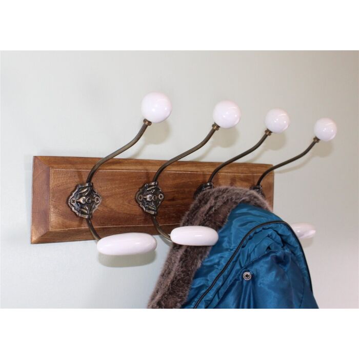 6 Double Ceramic Ivory Coat Hooks On Wooden Base