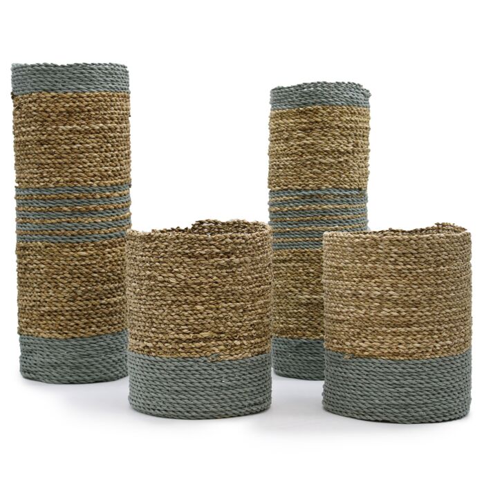Seagrass & Abu-abu Raffia Set - 2 Vase & 2 Bins