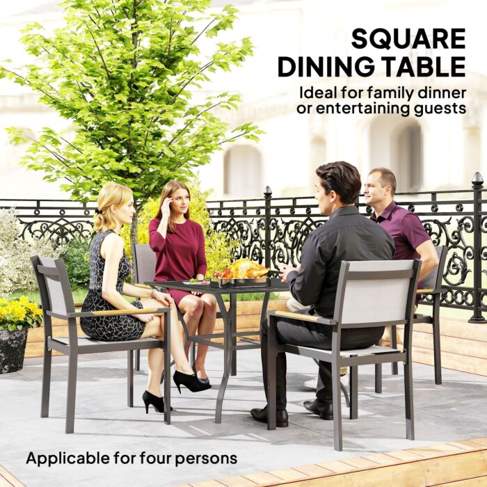 Outsunny 94 * 94 Cm Garden Table With Parasol Hole, Outdoor Dining Garden Table For Four With Slatted Metal Plate Top, Dark Grey