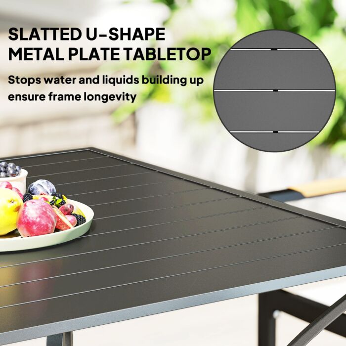 Outsunny 94 * 94 Cm Garden Table With Parasol Hole, Outdoor Dining Garden Table For Four With Slatted Metal Plate Top, Dark Grey