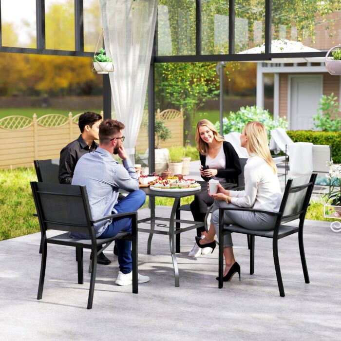 Outsunny 94 * 94 Cm Garden Table With Parasol Hole, Outdoor Dining Garden Table For Four With Slatted Metal Plate Top, Dark Grey