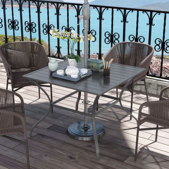 Outsunny 94 * 94 Cm Garden Table With Parasol Hole, Outdoor Dining Garden Table For Four With Slatted Metal Plate Top, Dark Grey