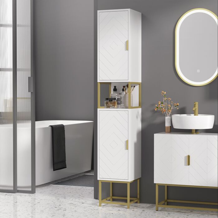 Kleankin Narrow Bathroom Storage Cabinet, Freestanding Tallboy Storage Unit Floor Cabinet Slim Corner Organizer W/adjustable Shelf Steel Base, White