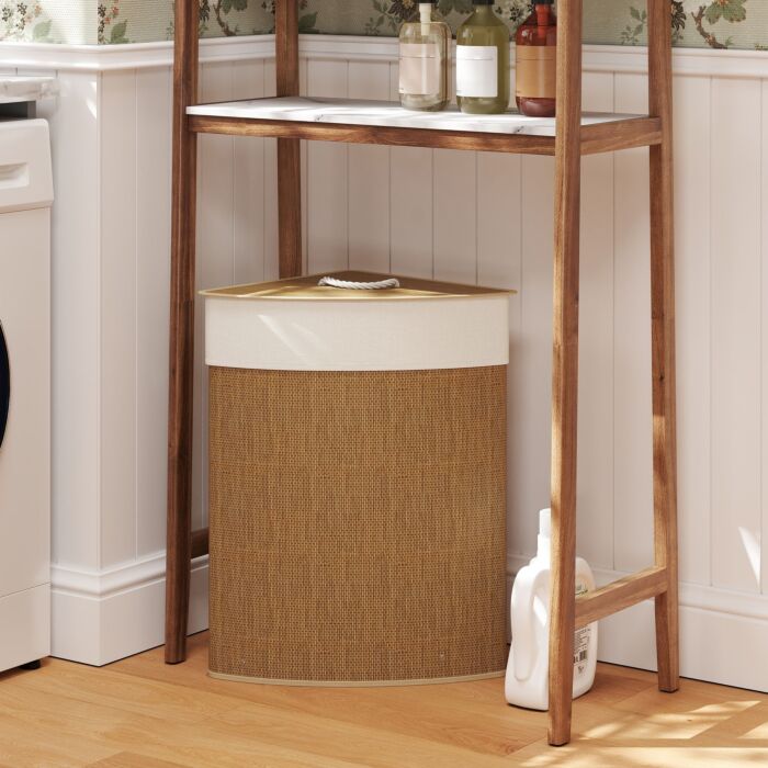 Homcom Bamboo Laundry Basket With Lid, 55l Corner Laundry Hamper With Removable Washable Liner Bag, Bathroom Triangle Washing Basket, 35 X 35 X 60 Cm, Brown