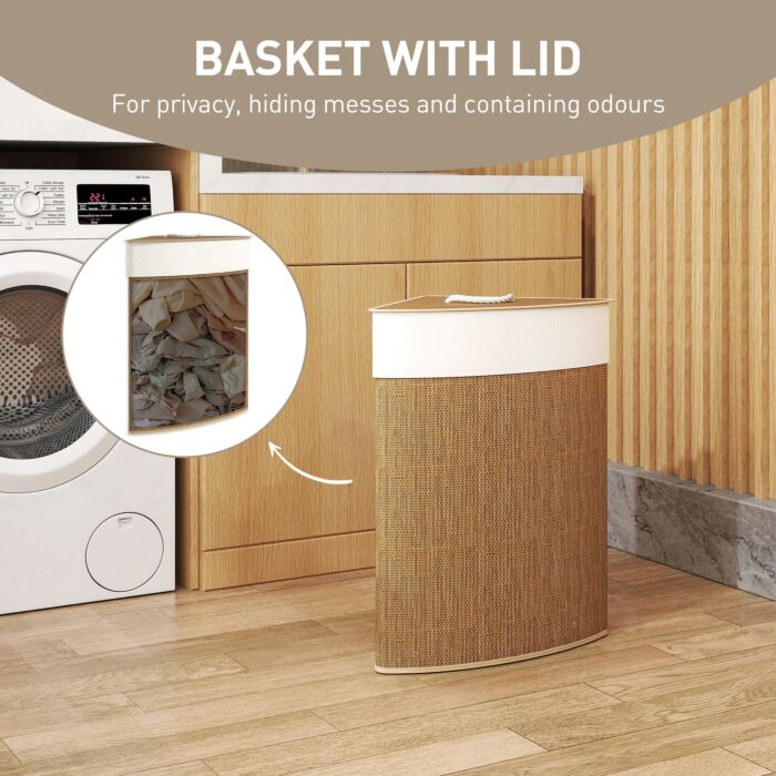 Homcom Bamboo Laundry Basket With Lid, 55l Corner Laundry Hamper With Removable Washable Liner Bag, Bathroom Triangle Washing Basket, 35 X 35 X 60 Cm, Brown