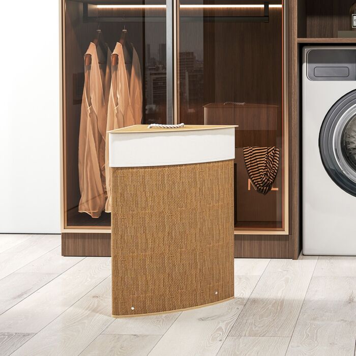 Homcom Bamboo Laundry Basket With Lid, 55l Corner Laundry Hamper With Removable Washable Liner Bag, Bathroom Triangle Washing Basket, 35 X 35 X 60 Cm, Brown