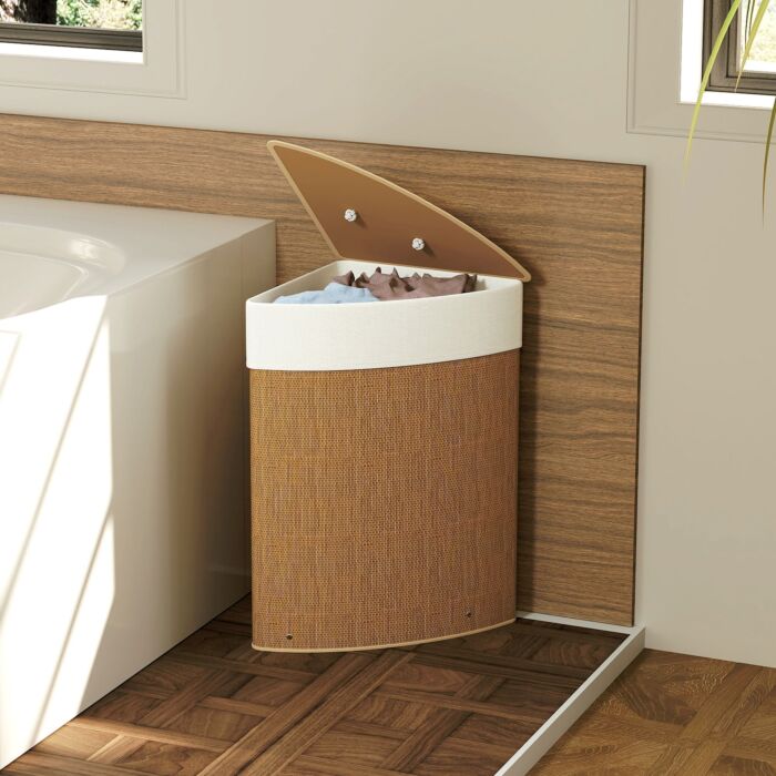Homcom Bamboo Laundry Basket With Lid, 55l Corner Laundry Hamper With Removable Washable Liner Bag, Bathroom Triangle Washing Basket, 35 X 35 X 60 Cm, Brown