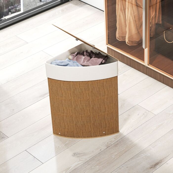 Homcom Bamboo Laundry Basket With Lid, 55l Corner Laundry Hamper With Removable Washable Liner Bag, Bathroom Triangle Washing Basket, 35 X 35 X 60 Cm, Brown