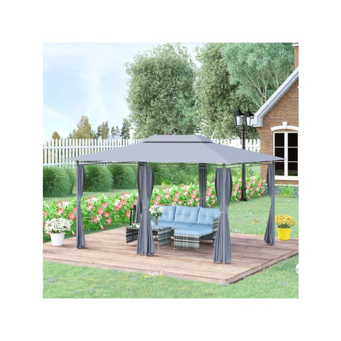 Outsunny 10 X 13ft Metal Gazebo Outdoor 2-tier Steel Frame Gazebo With Curtains Outdoor Backyard, Black/grey