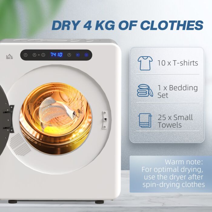 Homcom 8kg Vented Tumble Dryer, 1000w Compact Freestanding Front Tumble Dryer With Stainless Steel Tub, Timer, 6 Heat Settings, Small Portable Clothes Dryer, White