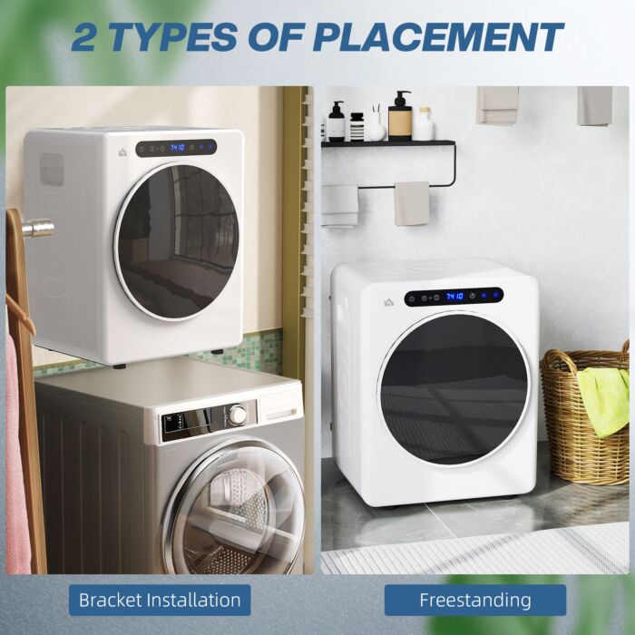 Homcom 8kg Vented Tumble Dryer, 1000w Compact Freestanding Front Tumble Dryer With Stainless Steel Tub, Timer, 6 Heat Settings, Small Portable Clothes Dryer, White