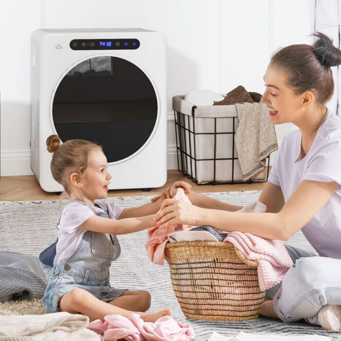Homcom 8kg Vented Tumble Dryer, 1000w Compact Freestanding Front Tumble Dryer With Stainless Steel Tub, Timer, 6 Heat Settings, Small Portable Clothes Dryer, White