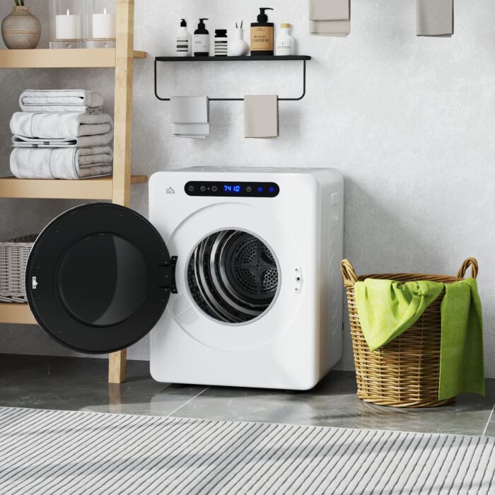 Homcom 8kg Vented Tumble Dryer, 1000w Compact Freestanding Front Tumble Dryer With Stainless Steel Tub, Timer, 6 Heat Settings, Small Portable Clothes Dryer, White