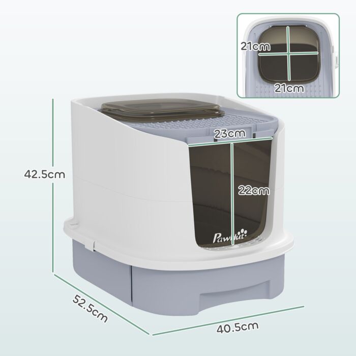 Pawhut Cat Litter Box With Lid, Scoop, Deodorization Bags, Top Entry, Cat Toilet Easy Clean With Drawer Pan, Grey