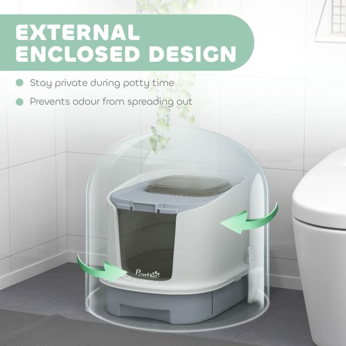 Pawhut Cat Litter Box With Lid, Scoop, Deodorization Bags, Top Entry, Cat Toilet Easy Clean With Drawer Pan, Grey