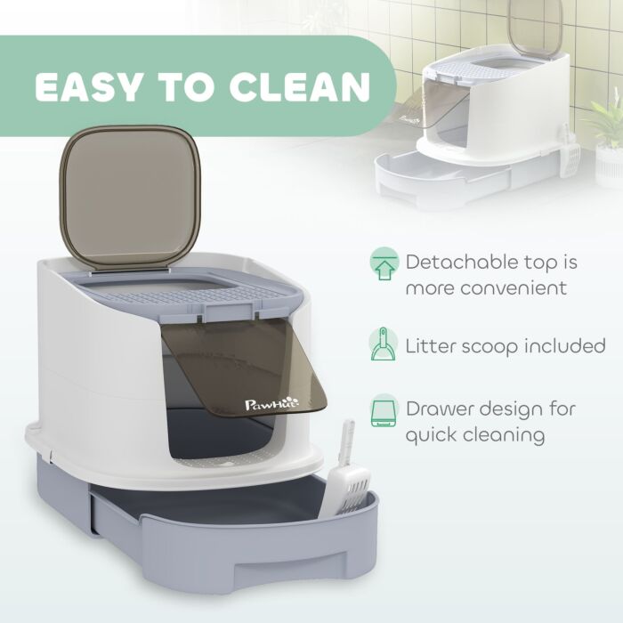 Pawhut Cat Litter Box With Lid, Scoop, Deodorization Bags, Top Entry, Cat Toilet Easy Clean With Drawer Pan, Grey