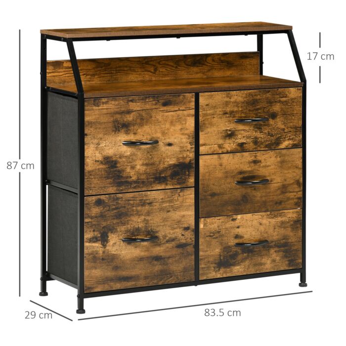 Homcom Bedroom Chest Of Drawers, Industrial 5 Fabric Drawer Dresser With Open Shelf, Rustic Brown