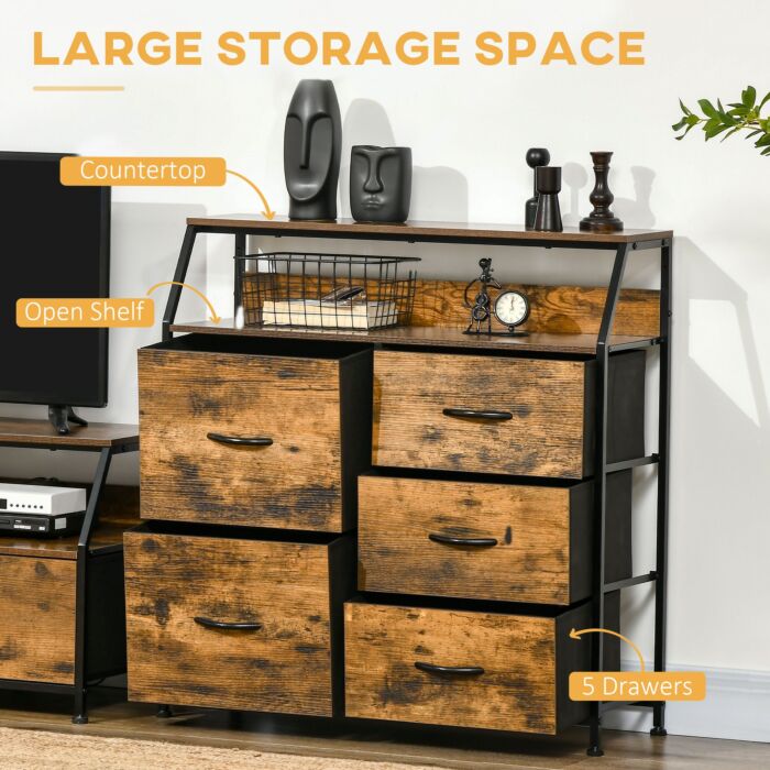 Homcom Bedroom Chest Of Drawers, Industrial 5 Fabric Drawer Dresser With Open Shelf, Rustic Brown