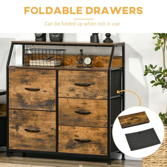 Homcom Bedroom Chest Of Drawers, Industrial 5 Fabric Drawer Dresser With Open Shelf, Rustic Brown