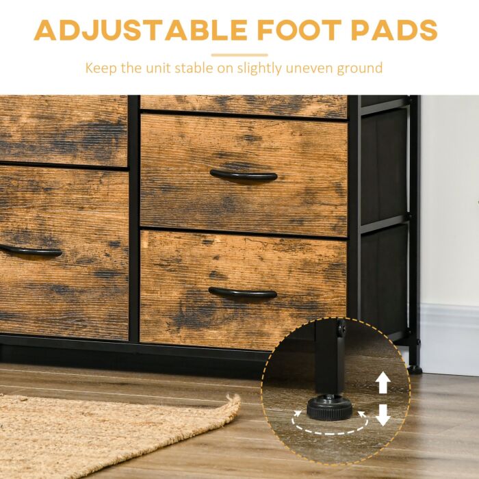Homcom Bedroom Chest Of Drawers, Industrial 5 Fabric Drawer Dresser With Open Shelf, Rustic Brown